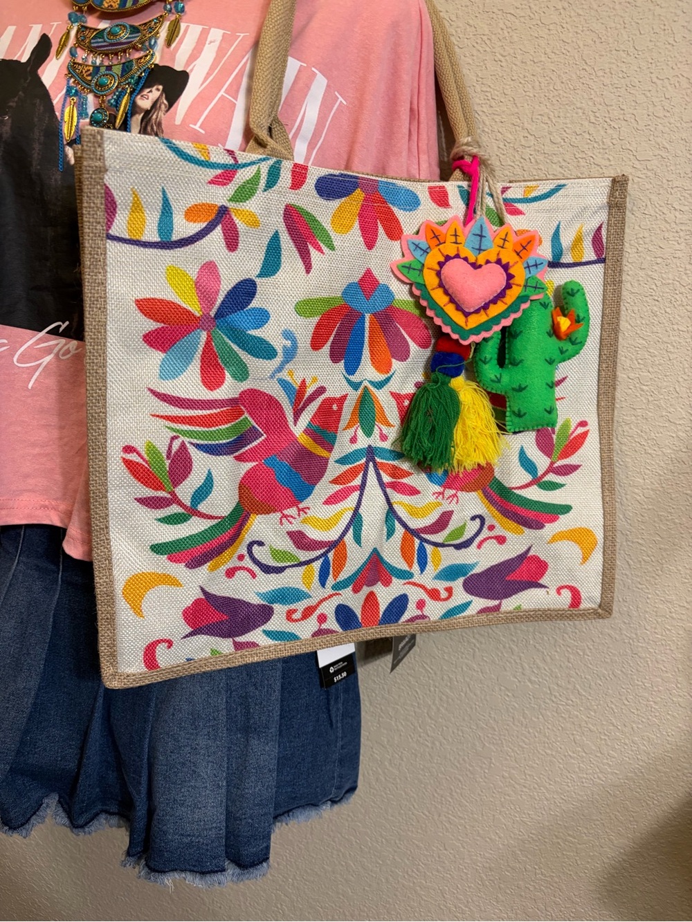 🌵SOLD!!! Colorful Otomi Mistical Art Tote Bag with Tassel Pompom Charm